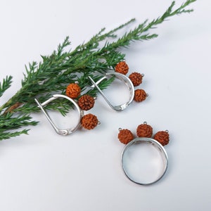 Rudraksha earrings and ring sterling silver jewelry SET, Adi Shakti jewellery, Hindu beaded earrings, 5 Mukhi small original Rudraksh beads
