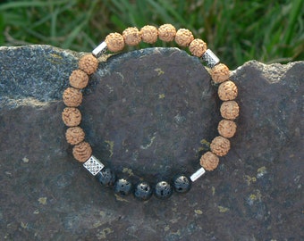 Handmade Rudraksha Bracelet, Lava Stone, Yoga Mala, Hindu Protection Jewelry