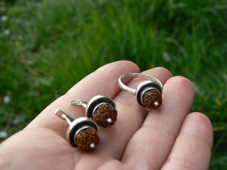 Rudraksha earrings /& ring SET Protection jewelry 5 Mukhi Rudraksh small seed beads Kundalini yoga earrings Shiva Shakti Hindu jewellery