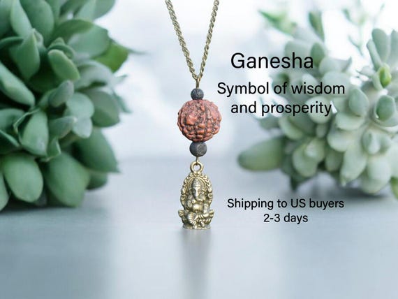 Ganesha Pendant Necklace, Rudraksha Bead, Lava Stone, Hindu Jewelry