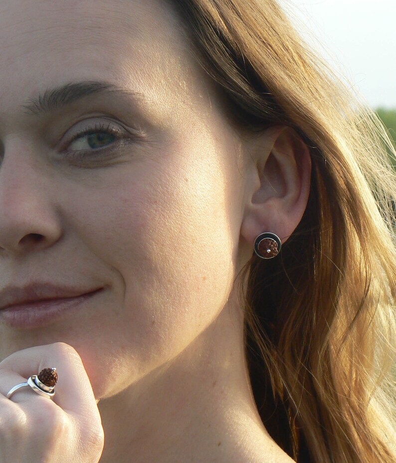 Rudraksha earrings /& ring SET Protection jewelry 5 Mukhi Rudraksh small seed beads Kundalini yoga earrings Shiva Shakti Hindu jewellery