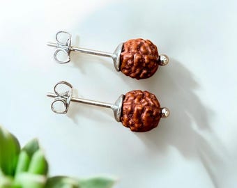 Rudraksha Seed Stud Earrings, Sterling Silver, Shiva Jewelry