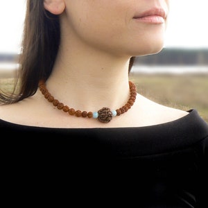 Rudraksha necklace for women with Aquamarine, Mukhi Rudraksha mala, Shiva Shakti, Hindu jewelry, for spiritual initiate