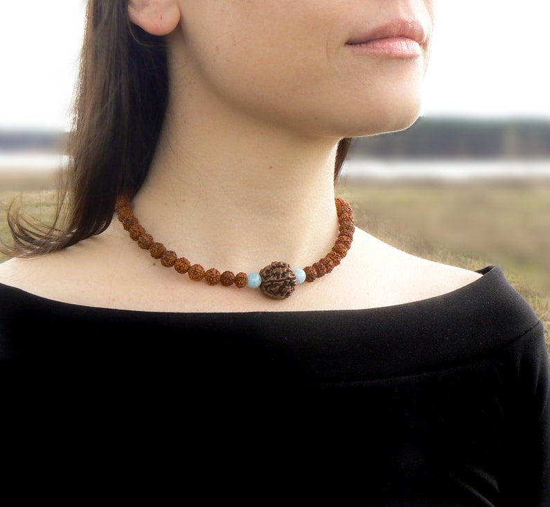 Rudraksha Aquamarine Necklace, Mukhi Mala, Hindu Spiritual Jewelry image 1