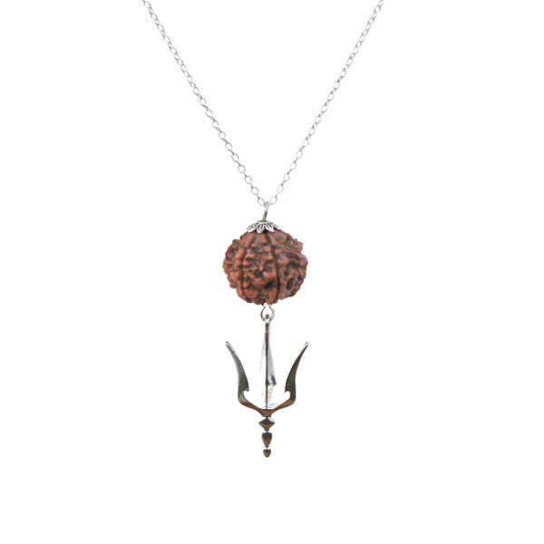 Shiva Trishul necklace with Mukhi Rudraksha mala beads pendant, Kundalini Yoga jewelry women men, Hindu symbol amulet, Indian Trisula locket