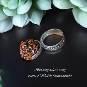 Rudraksha ring large, Shiva sterling silver jewelry, 5 Mukhi Rudraksha beads, Shiva face, Kundalini yoga, Statement protection rings
