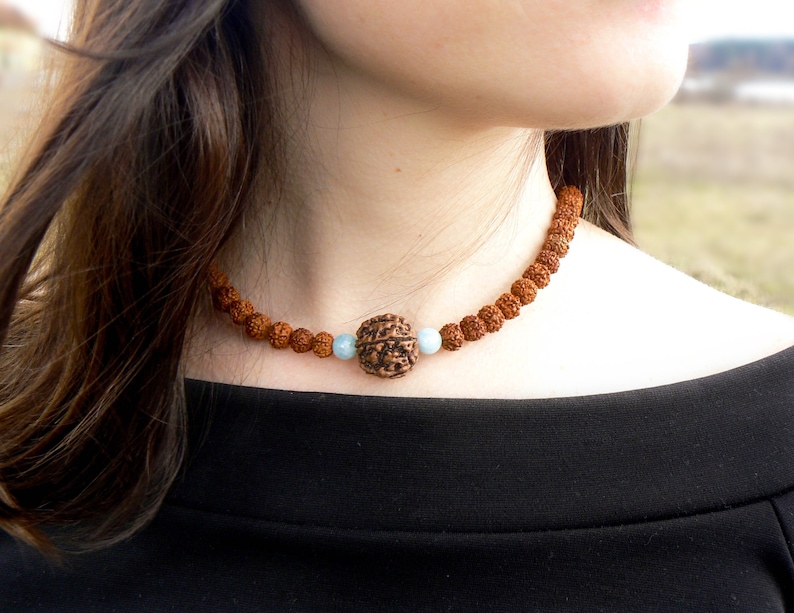 Rudraksha Aquamarine Necklace, Mukhi Mala, Hindu Spiritual Jewelry image 2