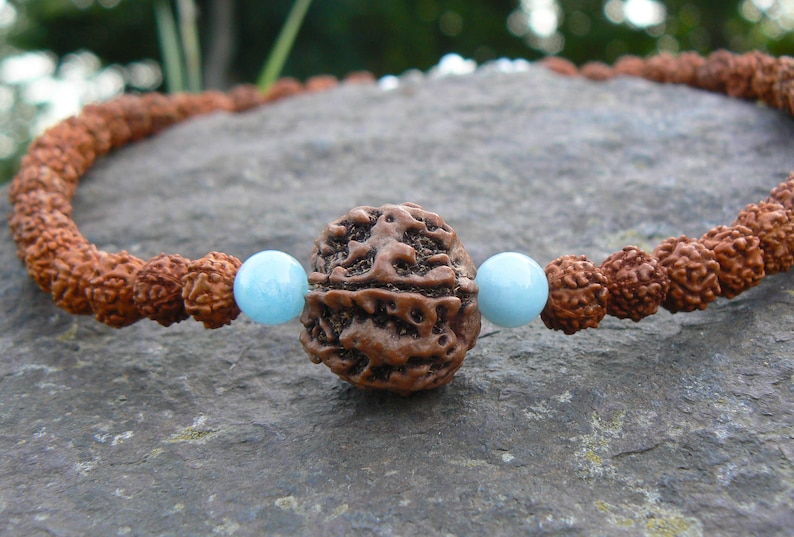 Rudraksha Aquamarine Necklace, Mukhi Mala, Hindu Spiritual Jewelry image 3
