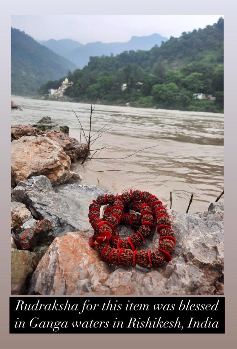 Puede incluir: Un collar de cuentas mala de color rojo y marr&oacute;n hecho de semillas de rudraksha, descansando sobre una roca junto a un r&iacute;o. La leyenda dice "Rudraksha for this item was blessed in Ganga waters in Rishikesh, India".