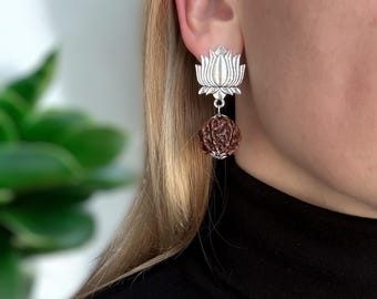 Lotus Flower Rudraksha Earrings, Yoga Jewelry