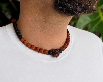 5 Mukhi Rudraksha Mala Necklace, Black Lava Stone, Shiva Jewelry