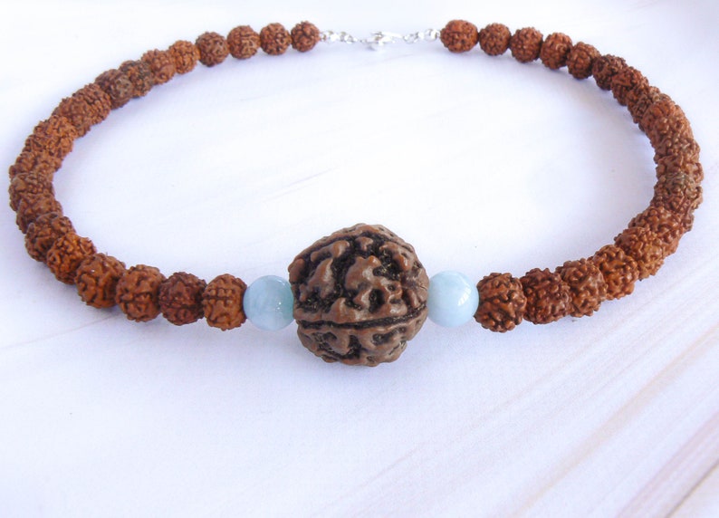 Rudraksha Aquamarine Necklace, Mukhi Mala, Hindu Spiritual Jewelry image 9
