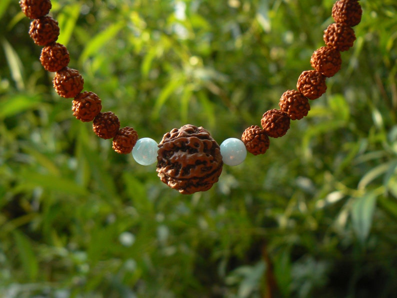Rudraksha Aquamarine Necklace, Mukhi Mala, Hindu Spiritual Jewelry image 7