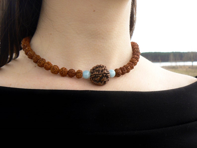 Rudraksha Aquamarine Necklace, Mukhi Mala, Hindu Spiritual Jewelry image 8