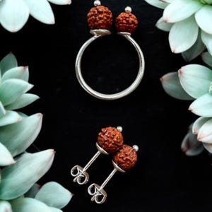 Rudraksha jewelry SET for health & wealth, Rudraksh stud earrings, Hindu ring wedding, Adi Shakti Shiva symbol jewellery, small bead earring