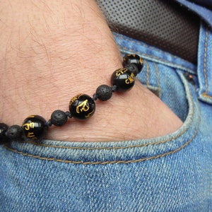 Zen bracelet with Buddhist mantra Om mani padme hum, Hindu sacred symbol jewelry for mens, Agate prayer beads, Lava stone, Yoga mala gift