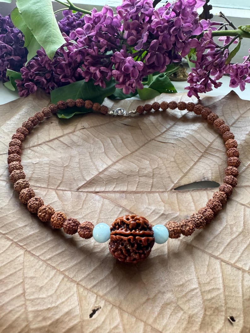 Rudraksha Aquamarine Necklace, Mukhi Mala, Hindu Spiritual Jewelry image 5