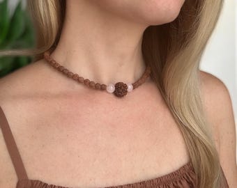 Rudraksha Rose Quartz Necklace, 5 Mukhi, Spiritual Jewelry