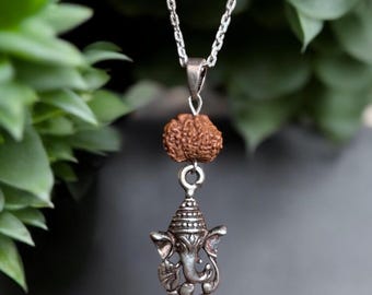 Naszyjnik z wisiorem Ganesha Rudraksha, srebro próby 925, biżuteria duchowa