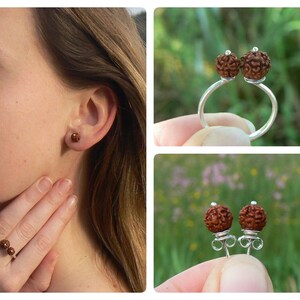 Ensemble de bijoux Rudraksha pour la santé et la richesse, clous d'oreilles Rudraksh, bague de mariage hindoue, bijoux symbole Adi Shakti Shiva, petite boucle d'oreille perle