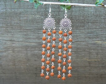 Long Rudraksha Earrings, Sterling Silver, Spiritual Jewelry