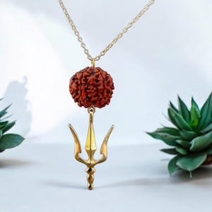 Rudraksha with Shiva Trisul necklace, Real large Mukhi Rudraksh mala bead, Kundalini Yoga Hindu jewelry, Rudraksha pendant gold plated chain