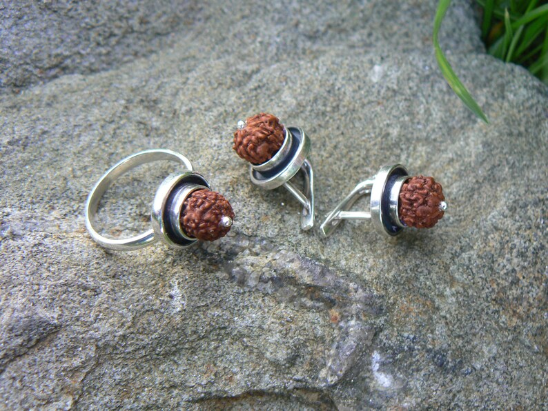 Rudraksha earrings /& ring SET Protection jewelry 5 Mukhi Rudraksh small seed beads Kundalini yoga earrings Shiva Shakti Hindu jewellery