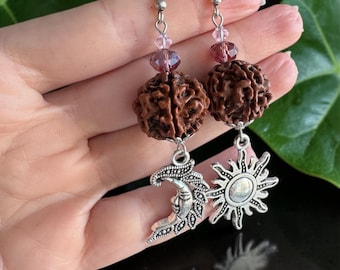 Rudraksha Seed Earrings, Sun Moon Charm, Shiva Shakti Jewelry