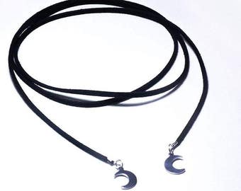 Vegan black suede choker with crescent moon pendants