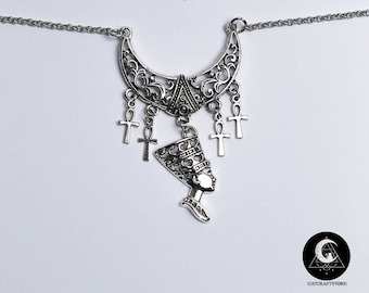 Colar de prata Rainha Nefertiti com pingentes Ankh, colar egípcio