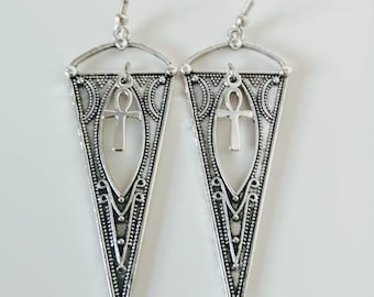 Antique silver with ankh cross earrings, gothic earrings, witchy earrings