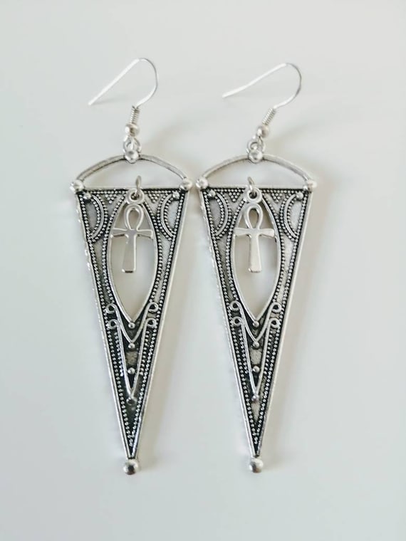Antique silver with ankh cross earrings, gothic earrings, witchy earrings