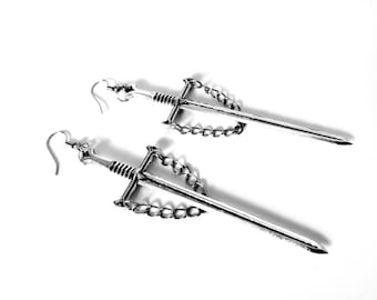 Antique silver swords with chaib earrings, gothic earrings, witchy earrings