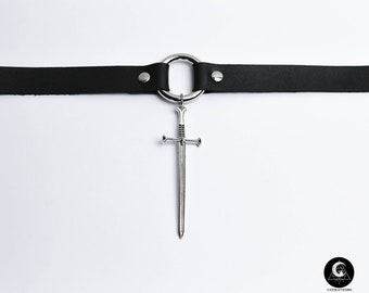 Antique silver sword vegan leather choker