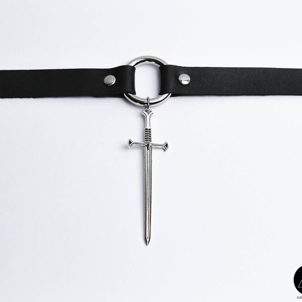 Antique silver sword vegan leather choker