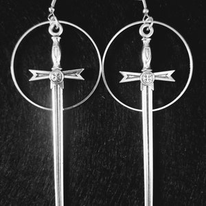 Antique silver swords earrings, gothic earrings, witchy earrings with Templar cross and silver ring