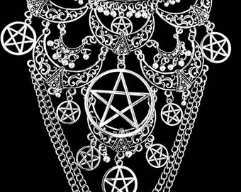 Silver statement bib necklaces with pentagrams pendants and chains, pentacle necklace, medieval necklace, medieval wedding, gothic wedding