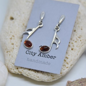 Baltic Amber Earrings, Silver Baltic Amber Earring, Cognac Amber Earrings, Amber Earring, Musical note Earring, Free shipping + Gift Box