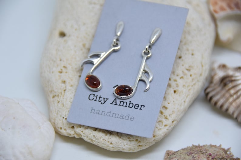 Silver Baltic Amber Earring Cognac Amber Earrings Free shipping Baltic Amber Earrings Gift Box Amber Earring Musical note Earring