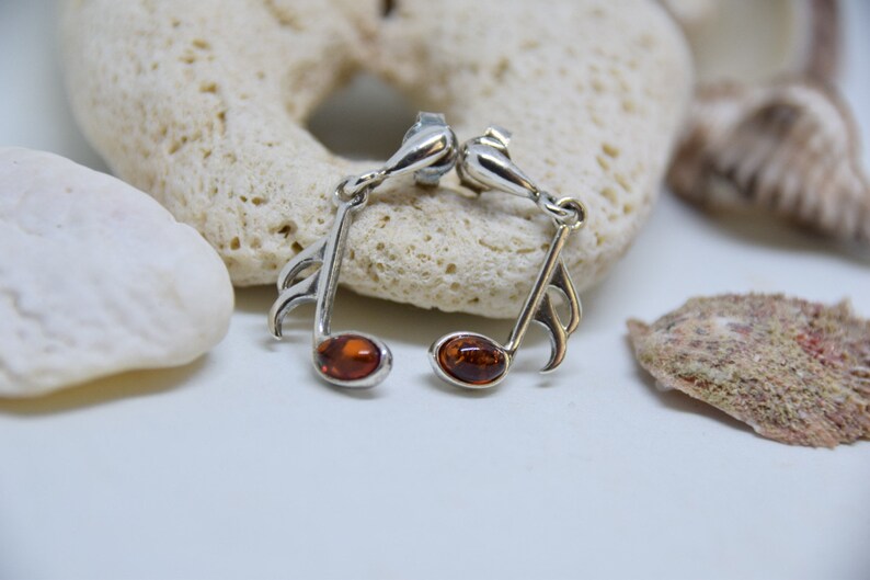 Silver Baltic Amber Earring Cognac Amber Earrings Free shipping Baltic Amber Earrings Gift Box Amber Earring Musical note Earring