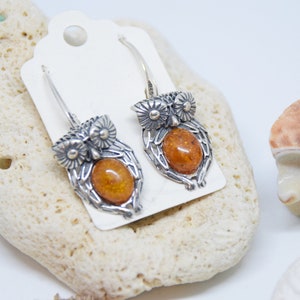 Baltic Amber Cognac Owl Earrings, Natural Amber Earrings, Silver stud Earrings 925, Stud earrings, Free shipping