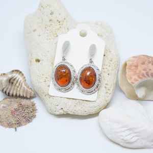 Baltic Amber Earrings, Silver Baltic Amber Earring, Cognac Amber Earrings, Amber Earring, Gift Earring, Free shipping + Gift Box