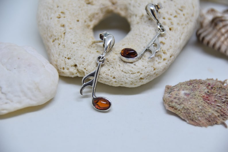 Silver Baltic Amber Earring Cognac Amber Earrings Free shipping Baltic Amber Earrings Gift Box Amber Earring Musical note Earring
