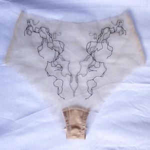 Op de afbeelding: Transparant ondergoed in een lichte kleur met ingewikkelde zwarte borduursels. Het ontwerp heeft een delicaat, abstract patroon over de voorkant. Het onderste gedeelte is effen en neutraal.