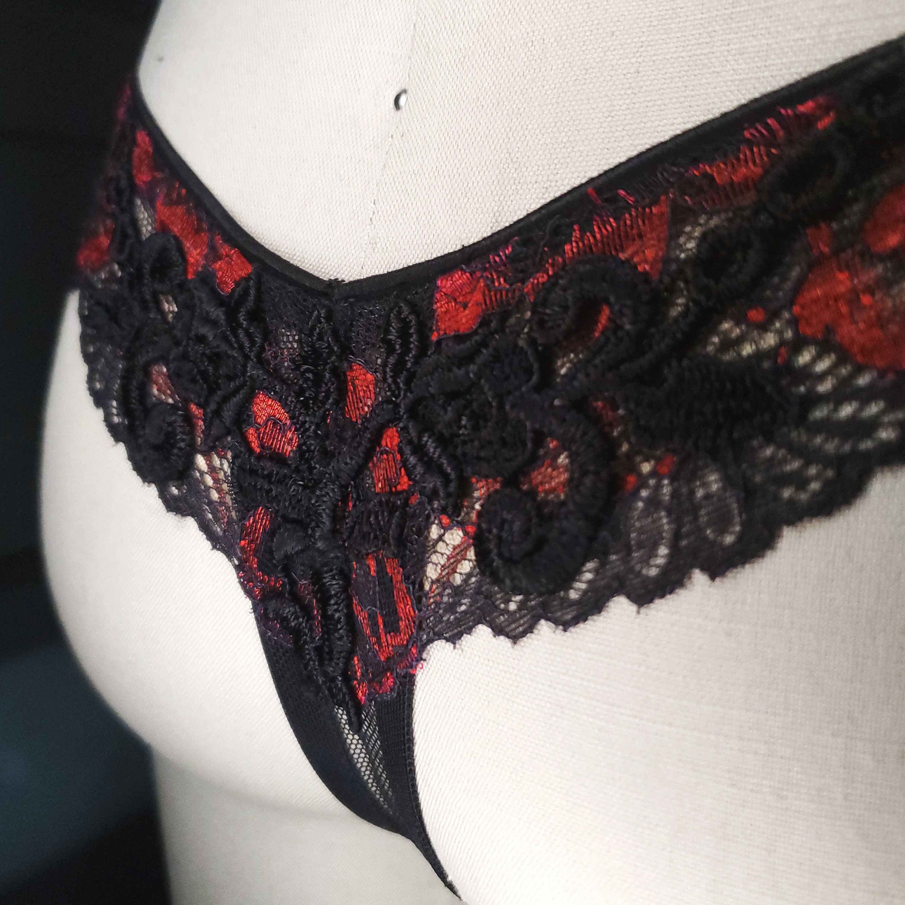 Applique Thong Lace Red Black Handsewn Femme Fatale Adjustable Velvet