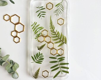 Hexagon Phone Case, Fern Phone Case, Iphone X case, Iphone 8 case, Samsung Galaxy S8 case, Huawei P10 case, Pressed flower case, Gold case