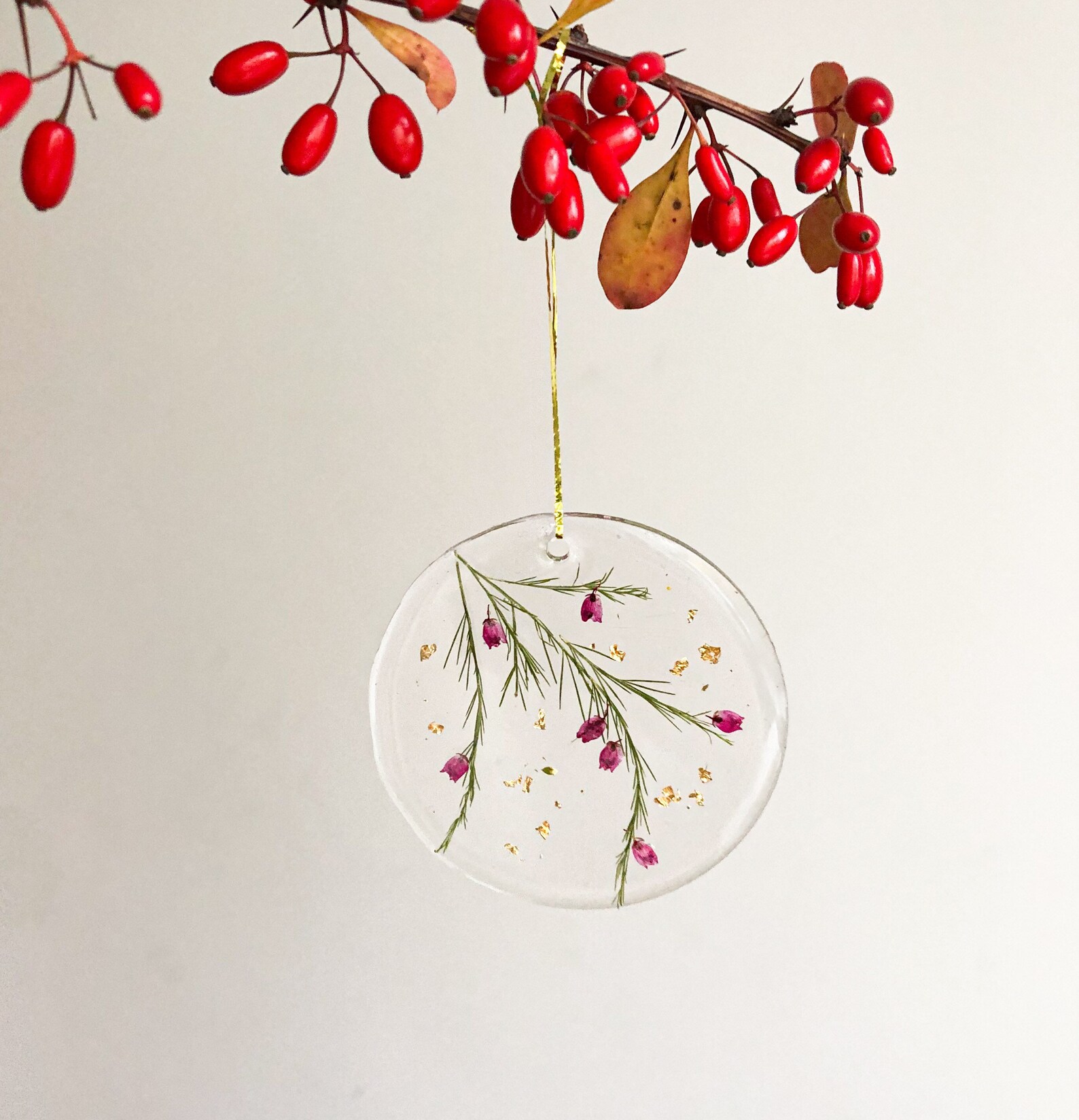 Red and Gold Christmas Ornament Set Pressed Flowers Christmas Etsy