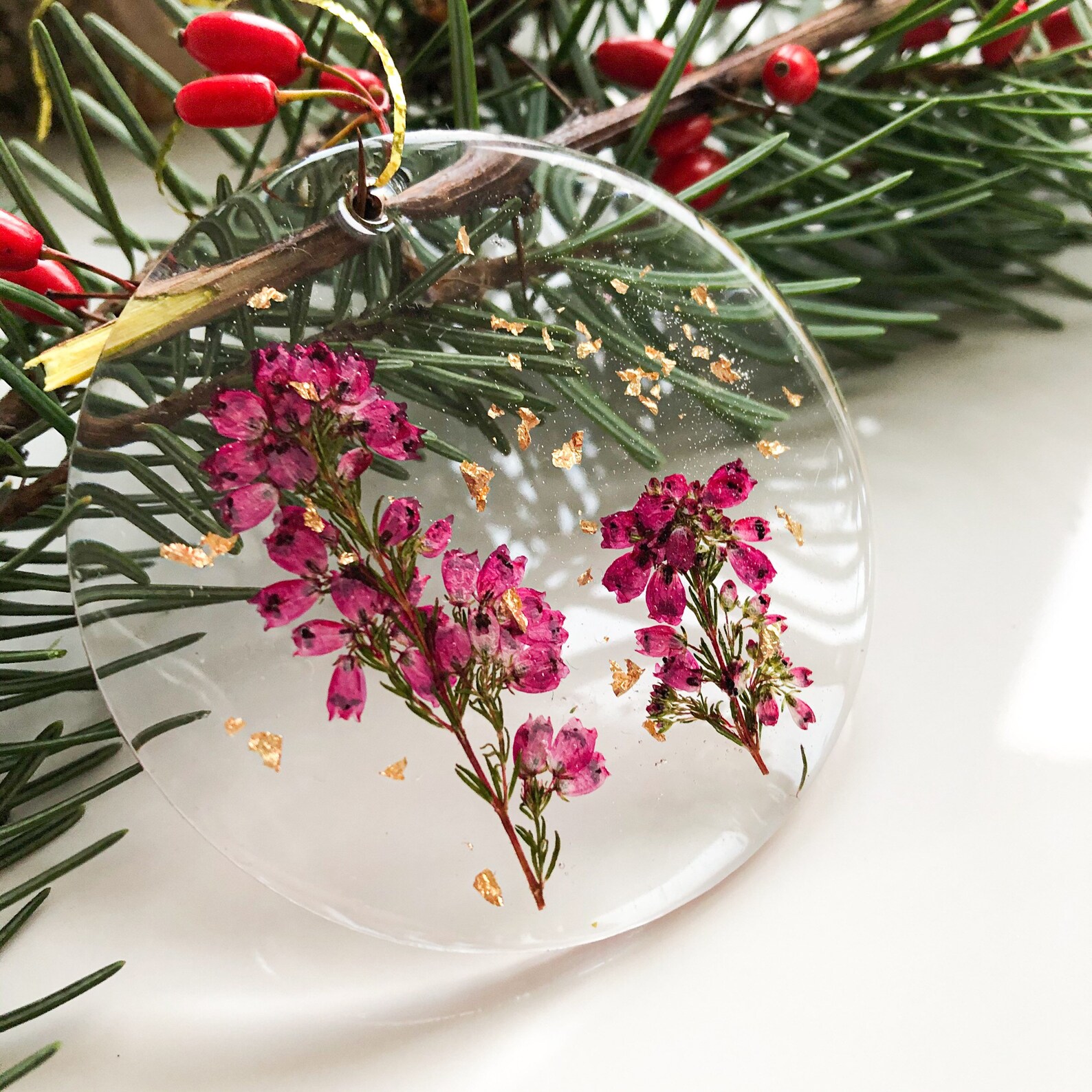 Red and Gold Christmas Ornament Set Pressed Flowers Christmas Etsy