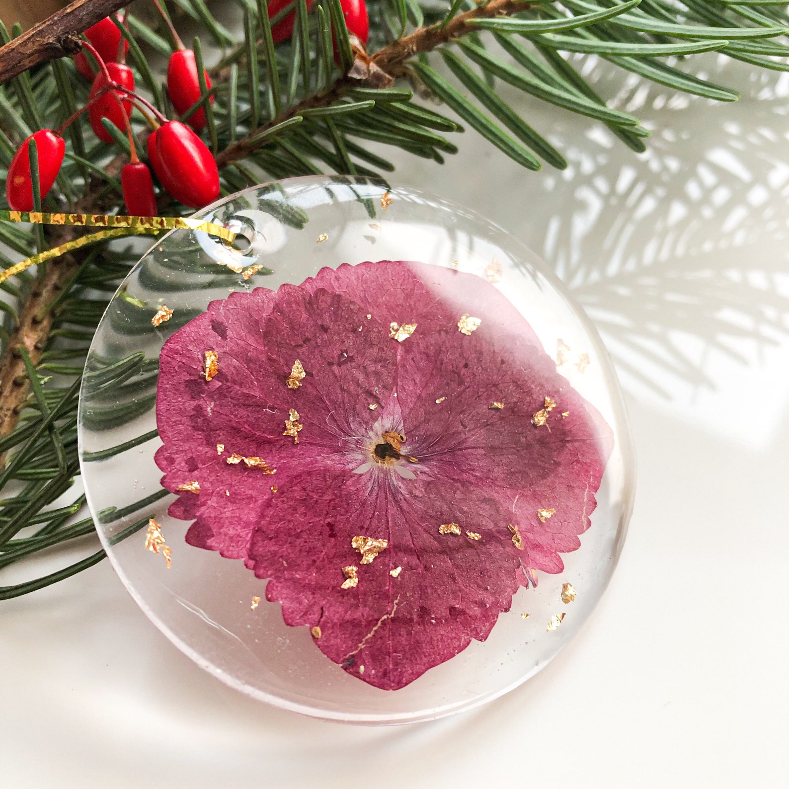 Red and Gold Christmas Ornament Set Pressed Flowers Christmas Etsy