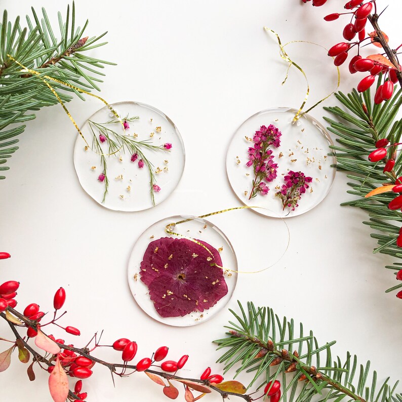Red and Gold Christmas Ornament Set Pressed Flowers Christmas Etsy